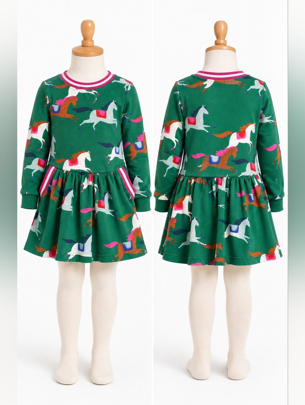 MINI BODEN GREEN HORSE PRINT SWEATSHIRT DRESS GIRLS 3-4Y